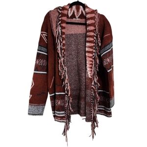 Open-Front Fringe Cardigan Sweater - Rust Pink Pattern